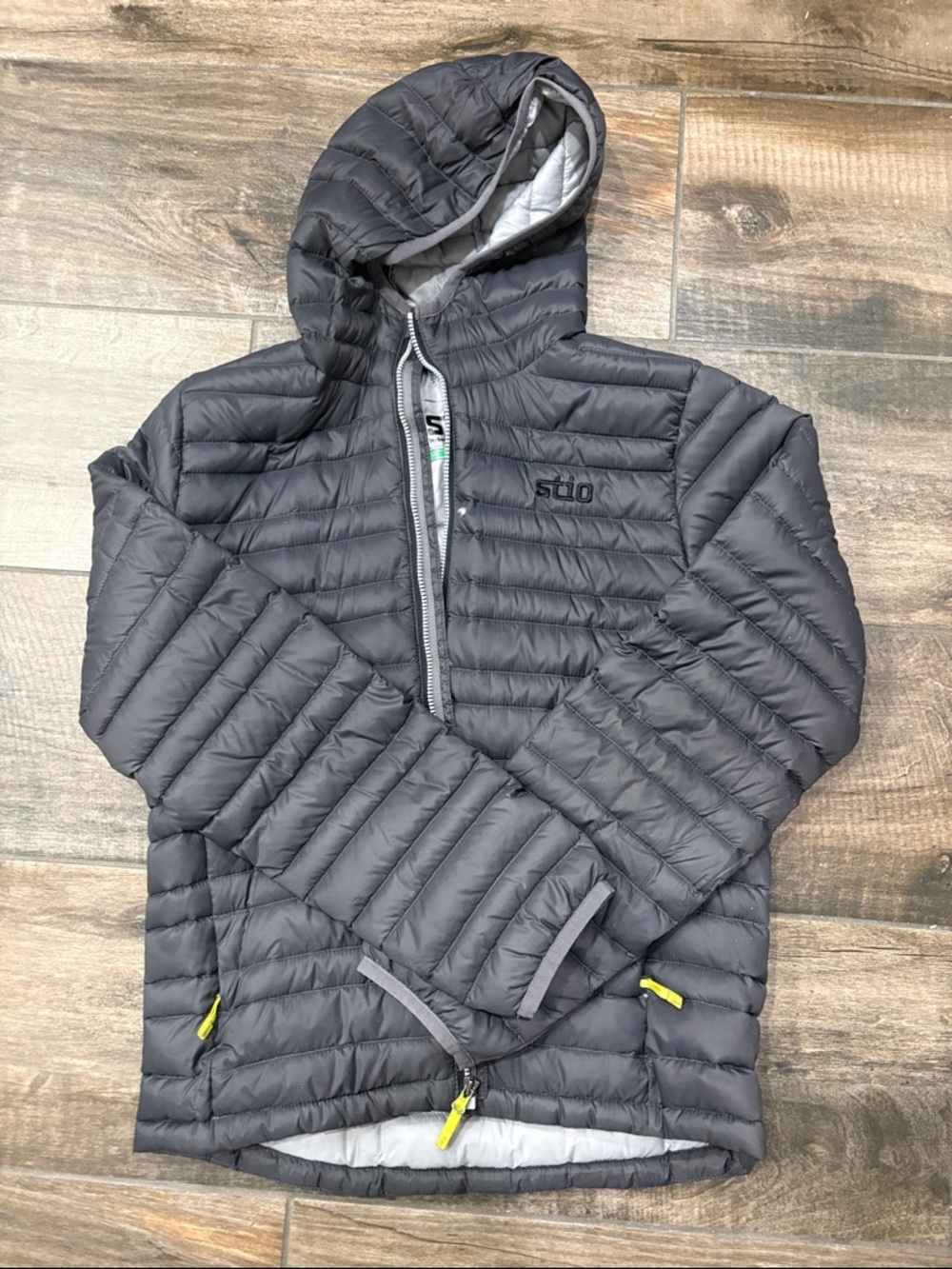 Stio Charcoal Hooded Packable Puffer Jacket with Neon Accents